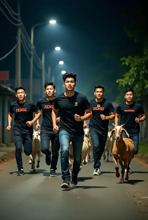  Full distance 5 asian indonesian men 27 years old short hair fast sweet macho.  wearing a black t-shirt it says , , wearing jeans and wearing shoes. Drunk running from a distance holding a flashlight while herding goats on a village street at night. Real ...