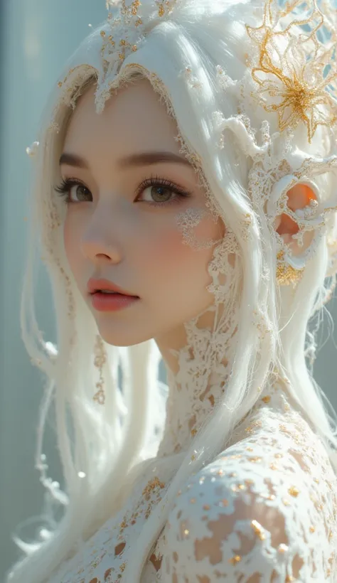 Futuristic,  complicated, organic, Mechanical elements integrated into her design .  she says 、 that looks like it merges with swirling、 flowing white hair ,  has a cloud-like texture , And her skin is 、 are porcelain-like white with delicate golden cracks...