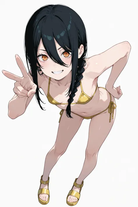 1girl, nayuta (chainsaw man), chainsaw man, a cute  girl posing, white background, ((full body)), japanese, yellow micro_bikini, black hair, braid, looking at viewer, frong_view, (( full body)),pointing at the viewer  , masterpiece, sexy pose, teeth, yello...