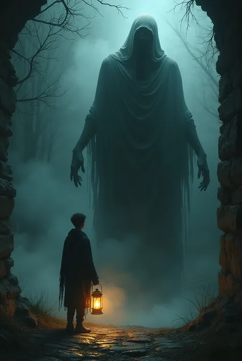 A terrifying, headless ghost emerges from the abandoned well, wearing torn, blood-stained clothes. Its hollow neck glows faintly, and its arms stretch outward as if reaching for something. Mist swirls around its body, and the air seems heavy with fear. The...