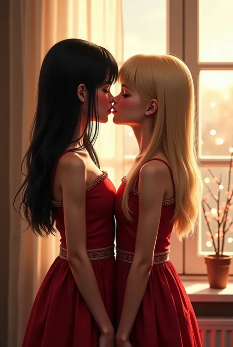 Young , baby face, small, brand new, linda, delicate, smiling, at home,  very long, smooth hair ,  black hair, blonde, straight hair, dress, Christmas mood  , Photo, realistic, real, kissing, se kissing s, two girls together, lesbians, whole body