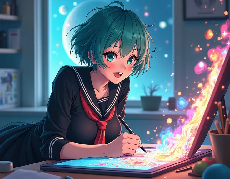 1 adult girl, mature body,  adult body, fine features, ((drawing for a drawing contest)), Drawing the graphics tablet, Seifuku black ,  happy expression , turquoise hair, turquoise eyes,  short, messy hair , lots of colors everywhere , very dynamic pose, e...