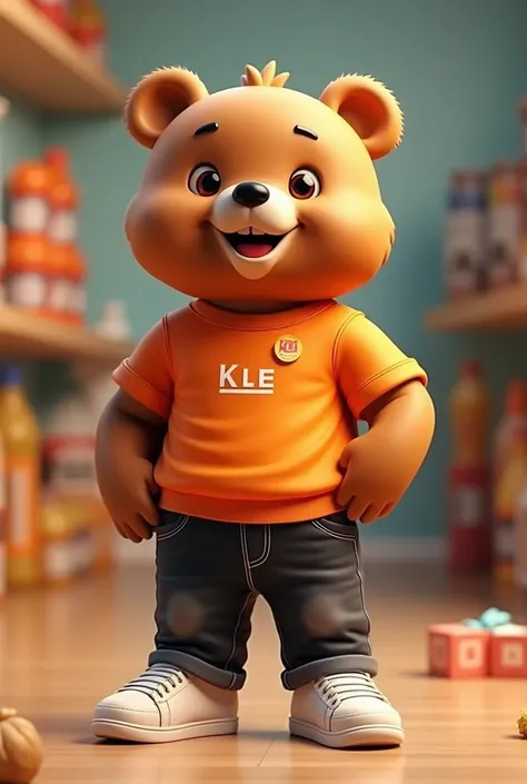 Make the personalized mascot in 4K in 3D brown bear in orange uniform name Kle black jeans white sports shoe on the background KLE varieties 