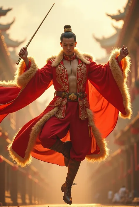 Sun Hong Kong seduces Chinese men, 18-25 years old, Chinese hair decoration, wearing antique Chinese armoured wool suit, showing off the chest, six pack show thighs, golden fur trim cuffs, red glowing long shawl, fluttering in the wind, holding a long gold...