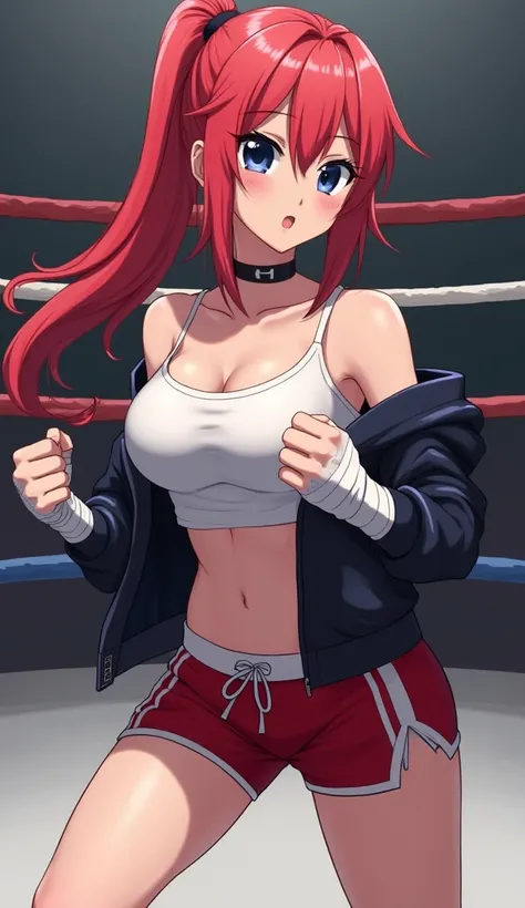   anime style woman, long red hair, ponytail, navy blue eyes, short white tank top with short black half-closed jacket, red and white shorts short, black choker, bandaged hands, fighting stance, in a ring