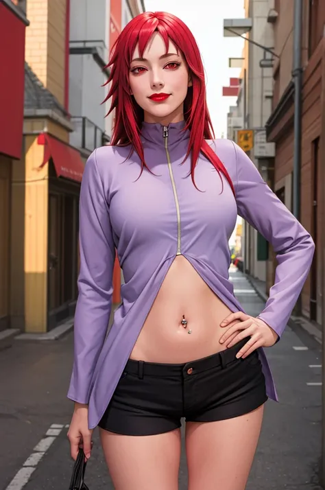 masterpiece, realistic style,  best quality , Alone, 1 , karinuzumaki, smirk,  looking at the viewer ,  red eyes , red cups hand on hip, cups, Belly button piercing, short cowgirl , long sleeves, shorts jrans,   thick thighs , red lipstick on the mouth,