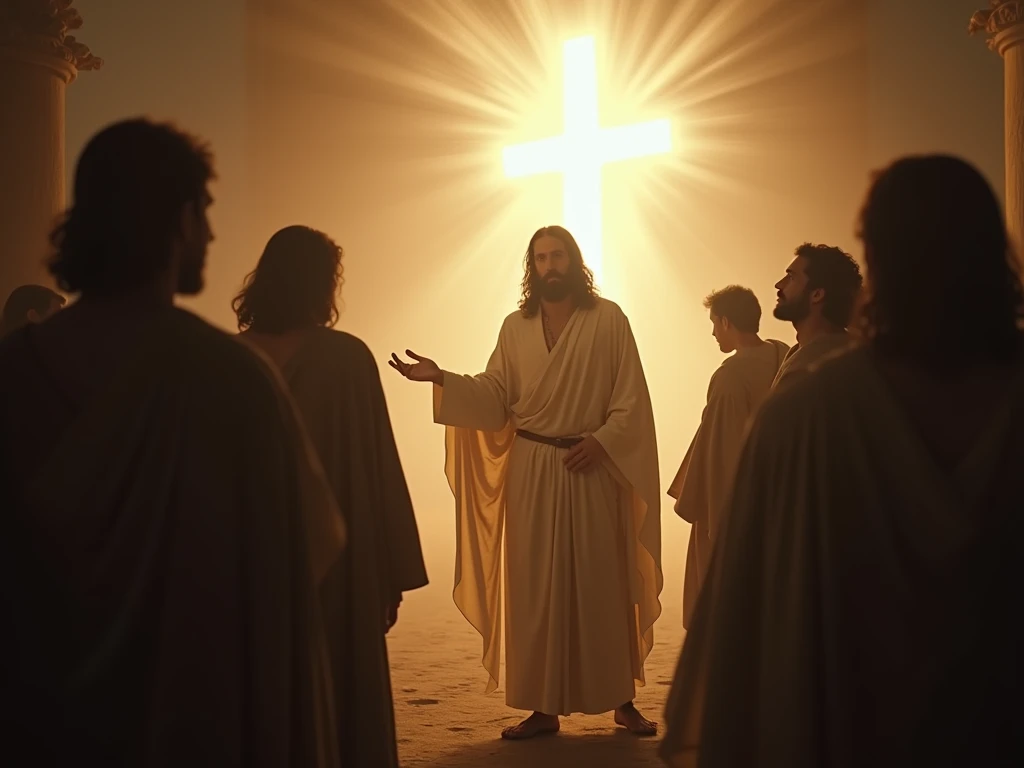  Creates a scene of Judas standing among the other disciples,  his eyes looking subtly away ,  as Jesus teaches with an aura of divine light .  Aspect ratio 16 :9, cinematic thriller .