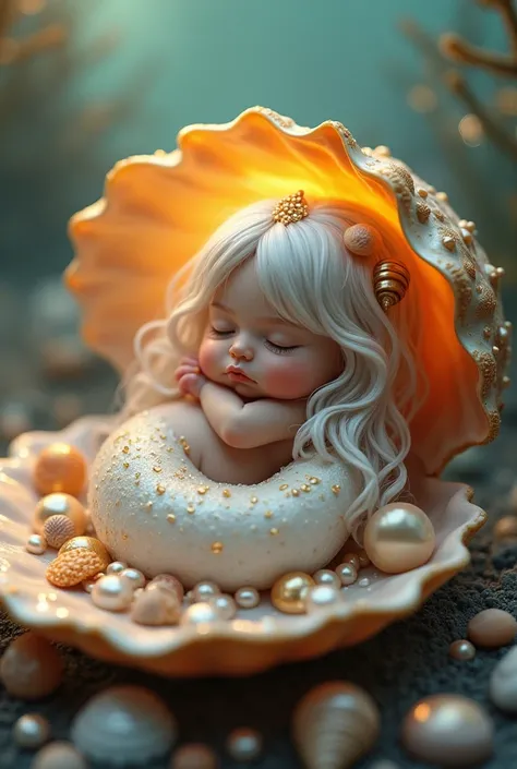  A realistic detailed image of a baby mermaid with wavy white hair adorned with seashells , The light golden syrup ,   she is sleeping inside a pearly sea oyster  ,  around the oyster many pearls and many seashells ,  she wears one matching the golden colo...