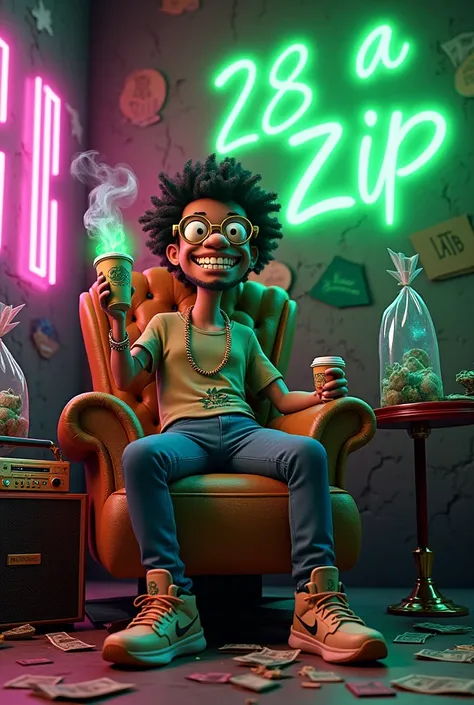 "Create a high-resolution, 3D Blender-style album cover with a vibrant, immersive aesthetic blending cannabis lore and ghetto street culture. The central character is a mix of the quirky main character from Wander Over Yonder and the nerdy charm of Steve U...