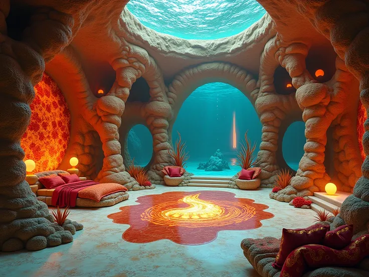 An underwater home designed for a fire siren, showcasing a blend of raw power and elegance. The coral structure is jagged, shaped like flames frozen in motion, with vibrant crimson, gold, and shimmering turquoise hues dominating the space. The main living ...