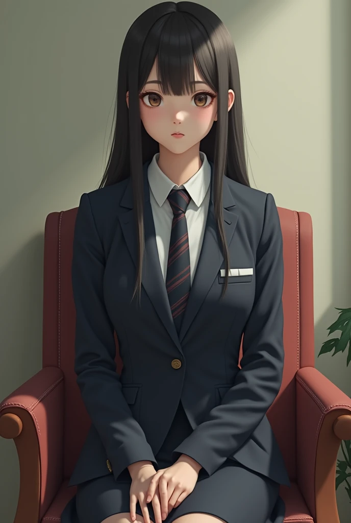  A woman in a suit and tie is sitting in a chair, a portrait inspired by Fujiwara Takanobu , Reddit, What is the ?, a  hyperrealistic schoolgirl,  cute schoolgirl , Japaneses Schulmädchenuniform, Japanese ,  hyperrealistic schoolgirl, wearing Japanese , wi...