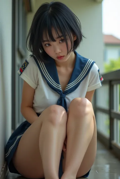 85mm, Official AR RAW photos, baby face, Japanese teenage women , (He is sitting on a chair and sticking out his crotch:1.3), ( low-rise black tanga shorts:1.5), ( on a sheer white sailor uniform :1.3), (Front View:1.4),  one girl,  short hair with shadows...