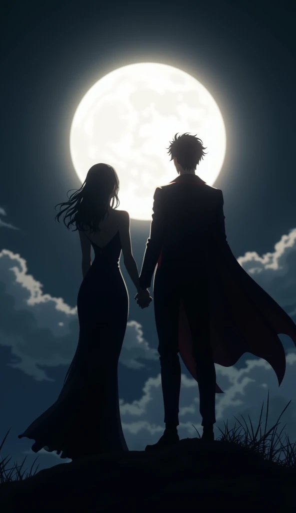 bright flash of black moon light. man and woman. Anime style. atmosfera oscura. black tones. Man and sexy woman watching the moon in the distance standing on a mountain. Personajes cono siluetas.  Man dressed elegantly with a cape. Woman wearing a dress . ...