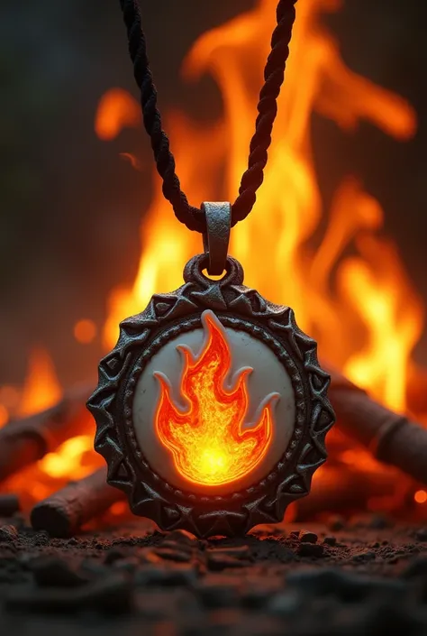 Medieval fire symbol necklace carved from bone inside a circle made of bones burning background 