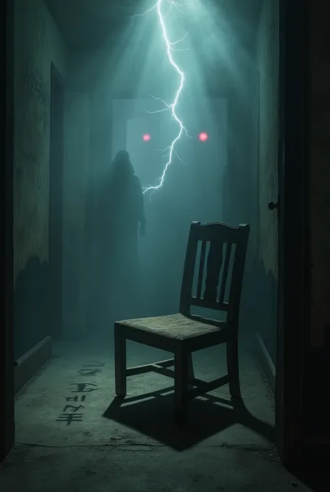  An ancient and worn wooden chair ,  surrounded by a dense fog in a dark and abandoned room .  Bright red eyes appear briefly in the shadows in the background,  and an indistinct ghostly figure is next to the chair ,  creating a terrifying atmosphere .  Li...