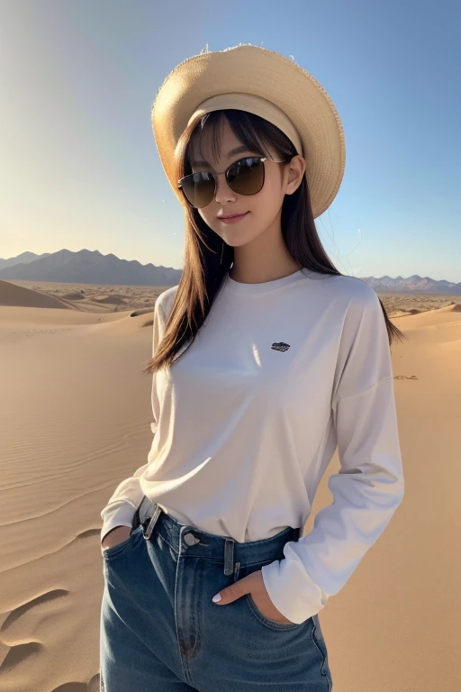 (( top quality )), ((masterpiece)), (( realistic)), (( top quality )), ((masterpiece)), (( realistic)), Girl walking in the desert, Tired ,  loose clothing 、long sleeve shirt and pants ,  headgear ,  sunglasses,  very beautiful,  in natural, casual style a...