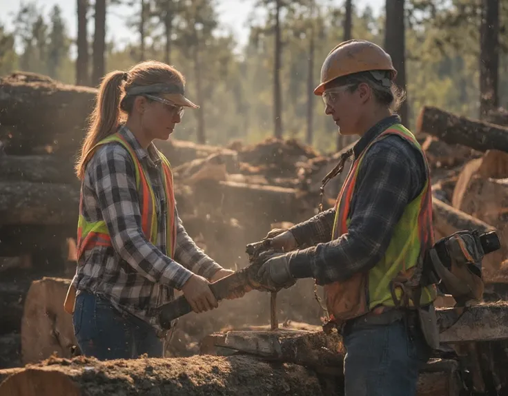 A Cinematic shot in a sun-dappled thinned coniferous forest, a determined 45-year-old woman expertly operates a hydraulic log splitter. Her hair, neatly tied back in a practical ponytail, sways slightly as she focuses intently on her task. She wears a stur...