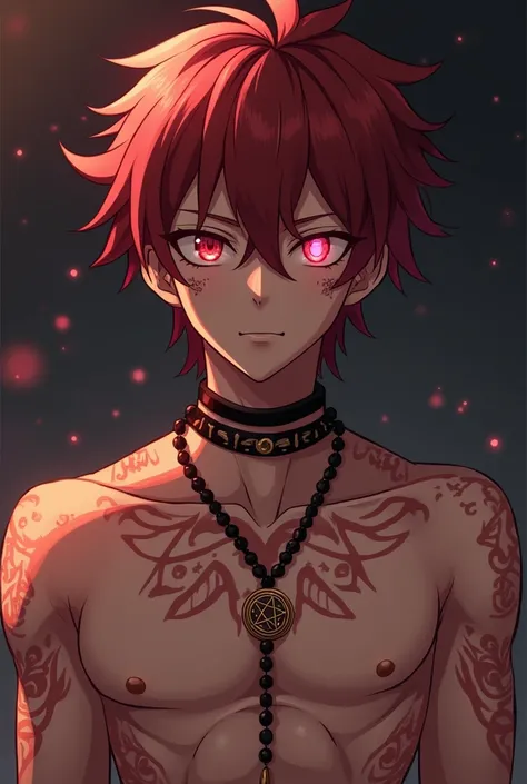 A hybrid half-human and half-demon male anime character,  with characteristics of humans more present his hair is dark red and his eyes are pink with a pentragama in his eyes, brown skin tone ,  he is tall and has a strong physique he is shirtless, He has ...