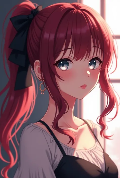 Anime girl with burgundy hair tied in a side ponytail with a big black ribbon, draped over her shoulders. moon-like silver eyes, natural red cheeks and luscious lips. mature look