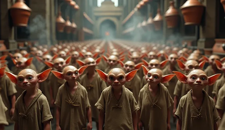 Many Hogwarts kitchen elfs, standing in a large old fashioned kitchen facing the camera 