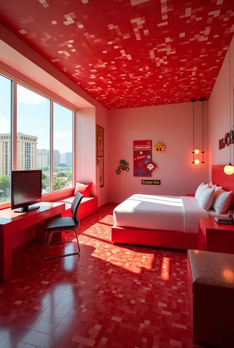 Nintendo large Las Vegas hotel, interior two person hotel room, tv, structure is red and white, pixel look, 