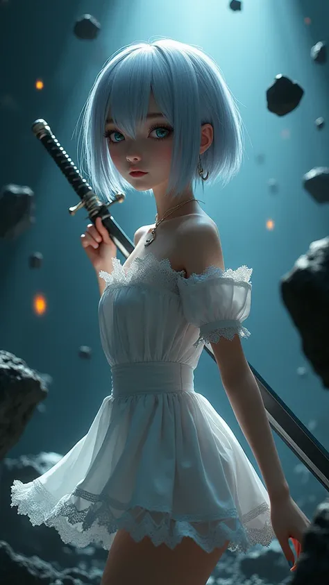 (Qingxu_Fotografía realista de retratos de belleza asiática_V11), (Qingxu_Fotografía realista de retratos de belleza asiática_F.11),Hermosa adolescente japonesa cosplay yorha 2b automaton holding a large sword , short silver hair with bangs and a black hea...