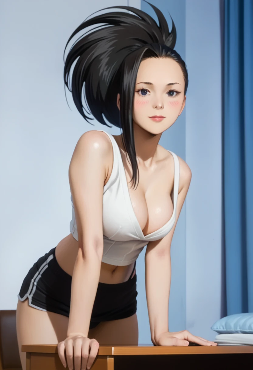 Standing girl, front view, leaning forward, hands on table. Yaoyorozu Momo, teen, black hair, long hair, high ponytail, wide ponytail ponytail , innocent expression, cute face, blush, looking at viewer, large breasts, oversized low-cut top, white low-cut t...