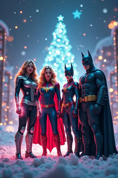 Create a full HD image of LadyThor , Captain Marvel and Batgirl together with Batman, everyone must wear hallucinative costumes to Christmas wishing a happy year 2025