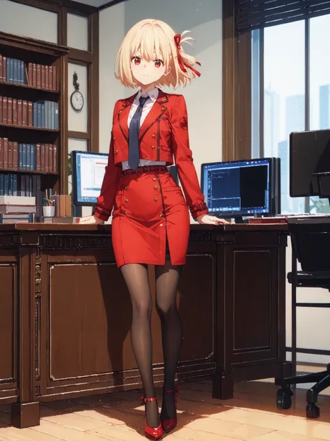 A moe-inspired anime-style illustration of a beautiful, Cute anime-style illustration of a beautiful,solo,chisato nishikigi, short hair, bangs, blonde hair, red eyes, hair ribbon, one side up, bob cut,red suits,red tight skirt,office,black pantyhose,red he...