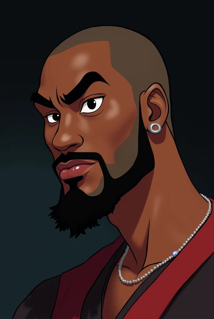 A black man with shaved hair and Japanese eyes with a beard with a large goatee and with short barque sides with a short mustache, in a side photo , on a dark background ,   like an animated cartoon 