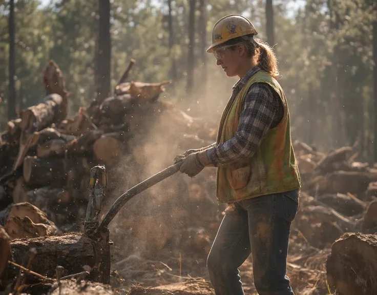 A Cinematic shot in a sun-dappled thinned coniferous forest, a determined 45-year-old woman expertly operates a hydraulic log splitter. Her hair, neatly tied back in a practical ponytail, sways slightly as she focuses intently on her task. She wears a stur...