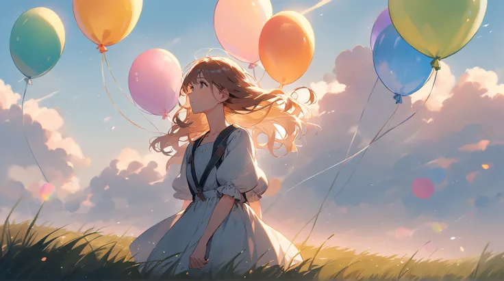 A young girl standing in a grassy field under the warm sunlight, holding a colorful balloon. The gentle breeze tousles her hair as she looks up at the open sky, lost in thought.