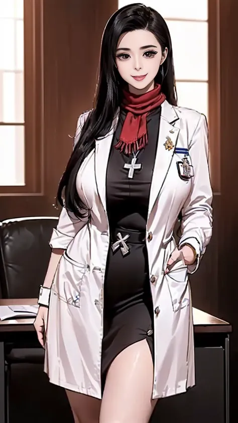 (best quality:2.0), (extremely detailed:2.0), (highly detailed:2.0),(Amegaya Mitsuha, wearing the Tōjō Academy school nurse uniform, a white nurses outfit with a red scarf, standing in the tidy nurses office, her calm expression and stunning body drawing t...