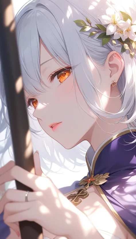  dark、Corrosive、 colorful 、 gorgeous light and shadow、whole body、 The girl&#39;s white skin、Mouth is moody、( orange eyes) eyes with rings are blurry and dreamy。Dappled Light and Shadow, portrait,White Hair, Purple Cape、 serious face、 on the sandalwood of t...