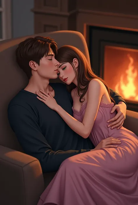 A brown-haired, brown-eyed woman wearing a pink nightgown hugging a man in dark clothes with green eyes and brown hair both lie on an armchair with their eyes closed next to a fireplace. 