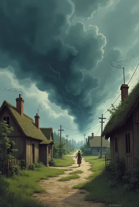 Scene 2: The Storm Hits
1. *Time*: Late morning
2. *Location*: Village, with the storm approaching
3. *Characters*: Villagers, Mrs. Thompson
4. *Action*: The storm hits, causing chaos and destruction. Mrs. Thompson tries to secure her cottage.
