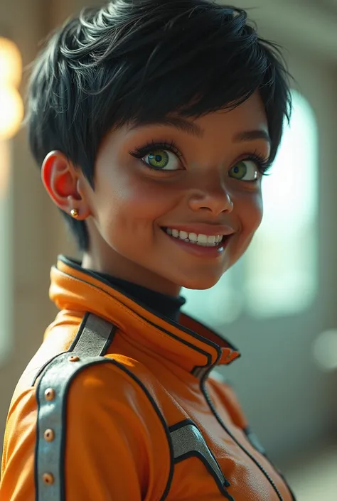 A highly detailed, 3d, photorealistic image depicts a youthful-looking black woman in her early 30s with an excellent physique, wearing a galactic patrol uniform in the colors of silver and orange, green eyes, black hair in a pixie cut hairstyle,  Photorea...