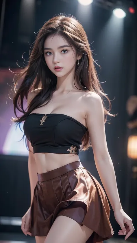 1 girl, 19 years old, ((city in Vietnam)), dark brown hair, purple eyes, hair ornament, black dance skirt ((cowboy photo)), ((bare shoulders)), ((skirt)), realistic detailed photo of a plumple breasted girl with exposed shoulders, detailed fingers, high qu...