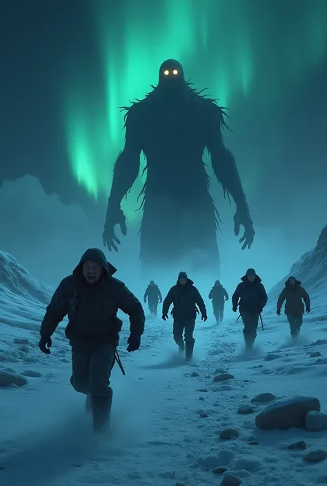 People running from a demonic entity in Antarctica at night