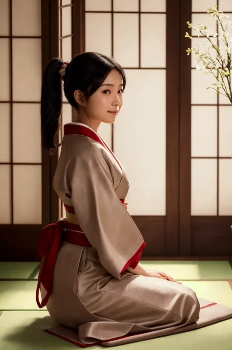 masterpiece, best quality, high quality, ultra detailed, FHD, Full-HD, 4K, A 20-year-old woman with black hair tied in a neat ponytail, dressed in an elegant traditional Japanese kimono, sitting formally in a tatami-mat room. She is kneeling in a respectfu...