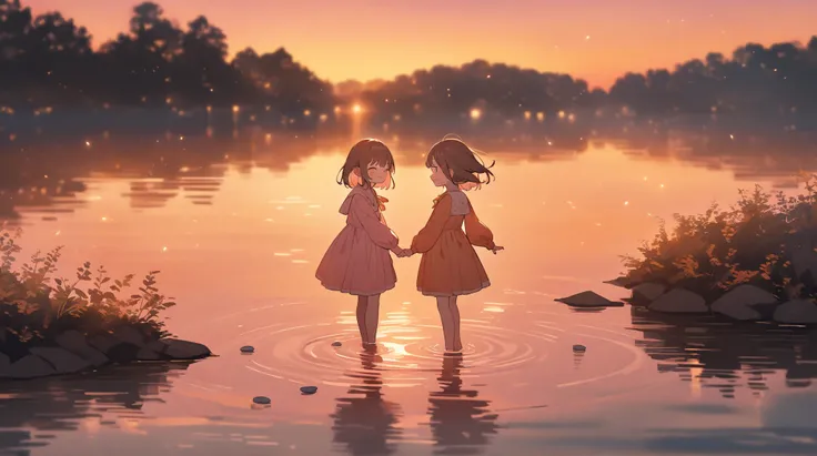 A young girl standing by the edge of a quiet river at sunset, skipping stones across the water. The ripples shimmer in soft orange and pink hues as she smiles faintly.