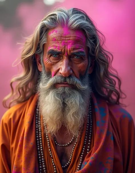 A Holi lod Man ,long brown hair, long brown beards, blue eyes, realistic images 