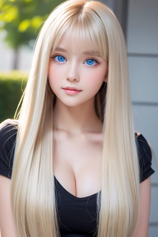 Strong wind blonde 、 Very long and beautiful straight hair 、 Extremely beautiful and cute girl 、 Very cute beautiful skin 、 Clear and beautiful skin 、 Long bangs cover a beautiful womans cute face 、 beautiful cute girl with transparent dark, beautiful natu...