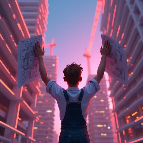 High-angle view of a 3D animated scene. architect raising hands with architectural plans celebrating and watching his building under construction , light-skinned with short brown hair, joyfully raises hands while observing his buildings construction.  The ...