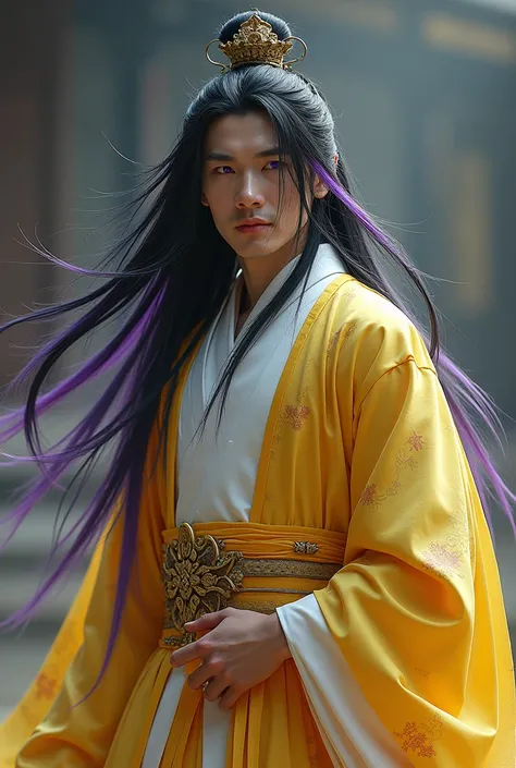 Man with long black hair with purple ends wearing a yellow-white Chinese xian dress, purple eyes, standing