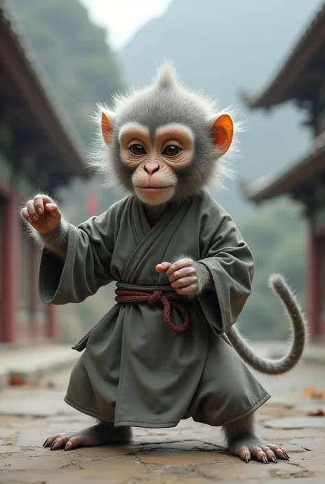 Small grey monkey monk sensei fighting pose