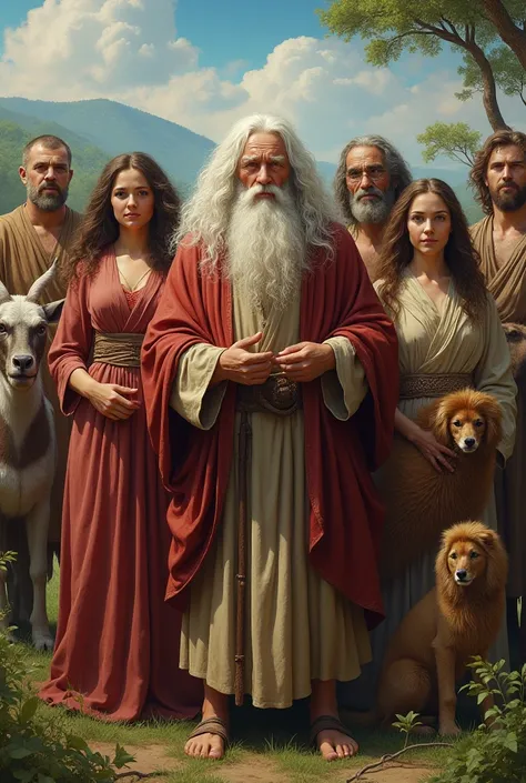 It has an image of an old Noah with white hair and a long beard with his wife, his 3 ren and the wives of his ren, and in the background some animals of a different species. 