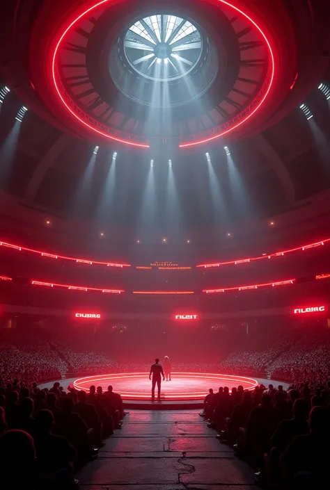 make a big fighting arena, the place is dark with only red neon details, the place is very big and luxurious, it accommodates six thousand people, the fight site has safety nets 