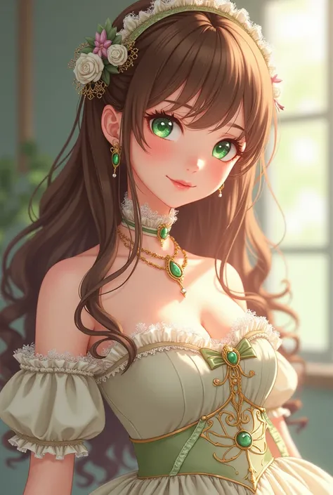 light chestnut brown haired anime girl with lolita attire who has green eyes fair skin and a cheerful look on her face long hair vampire fangs big breasts