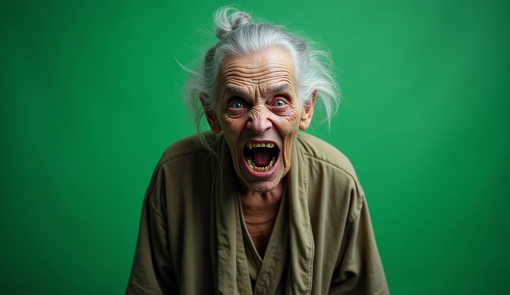 Terrifying 90-year-old woman dressed in a dirty robe. He has an expression of hate and madness, toma frontal.  The background is a solid and uniform green screen without shadows and well illuminated